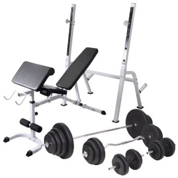 Bancă fitness cu raft greutăți set haltere/gantere 120 kg