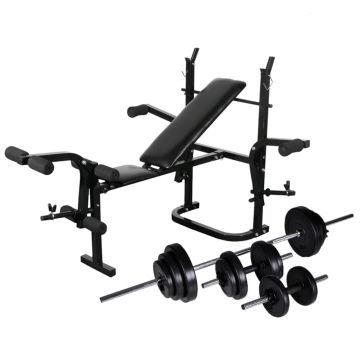 Bancă fitness cu rastel greutăți set haltere/gantere 305 kg