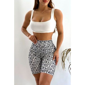 Colanti scurti fitness Ethan, cu banda modelatoare in talie si imprimeu variat, White Maze