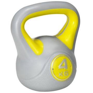 SPORTNOW Kettlebell 4kg Antrenament Fitness, Bază Plată, Mâner Ergonomic, PU și Nisip, 18x12x20 cm, Galben | Aosom Romania